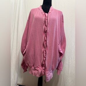 Free People FP One Lupo Bomber Cardi Pink Waffle Knit XL Oversized